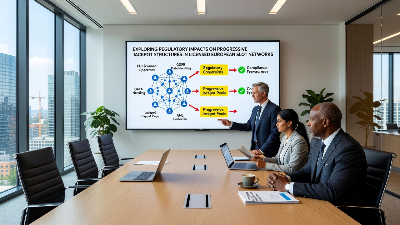 Slot network operators reviewing compliance documentation for progressive jackpot regulations